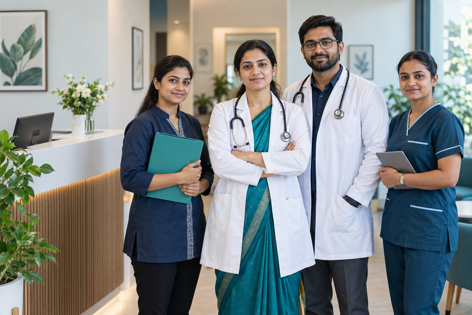 An Indian clinic team including doctors, a receptionist and a nurse